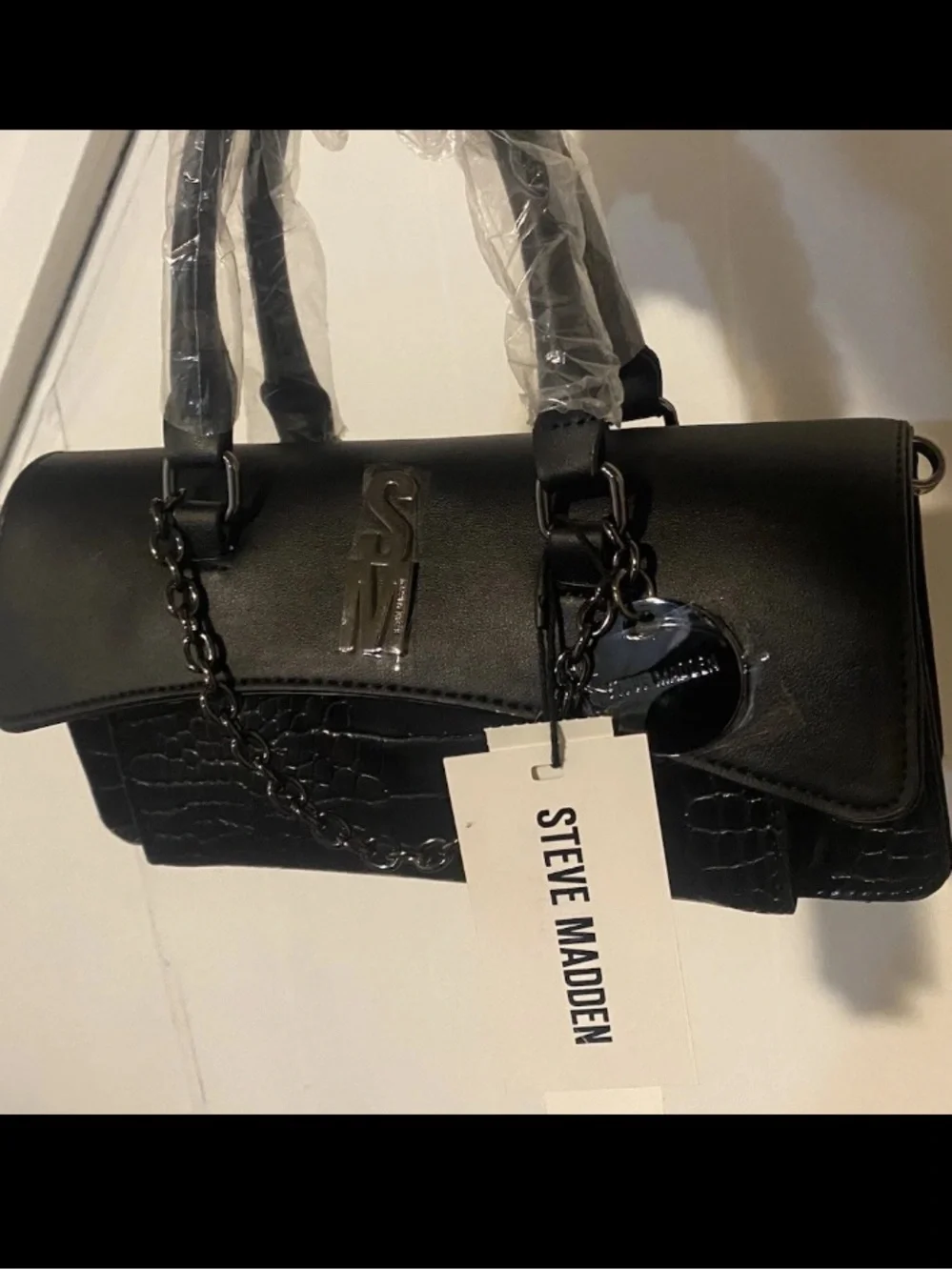 Steve Madden Crocodile Top Handle Black Handbag With Chain Brand New NWT